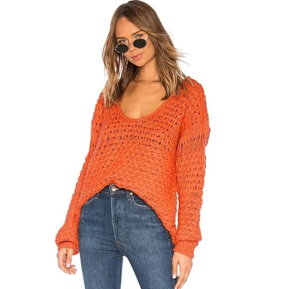Free People Crashing Waves Wool Blend Open Knit Oversized Sweater Orange Women S - Picture 5 of 14
